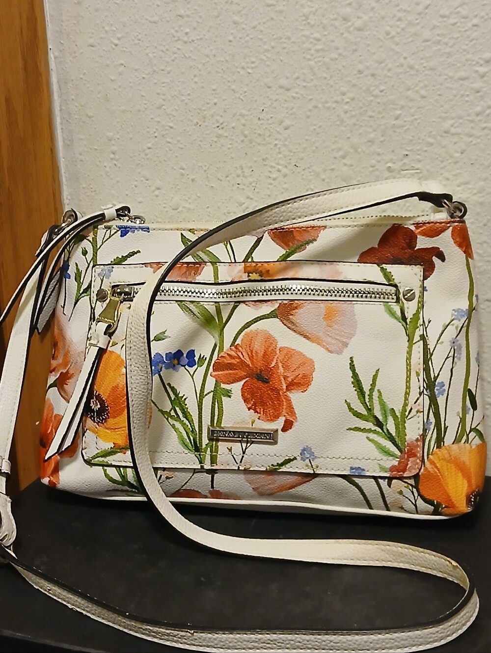 Dana Buchman White Orange Floral Print Crossbody Shoulder Bag Purse